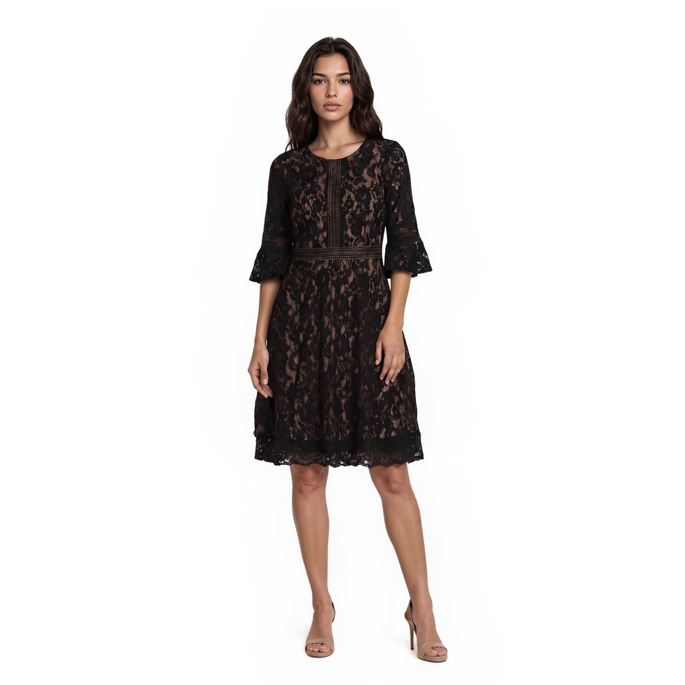NWT Missmay Black Nude Lace &  Flare Dress Women's Size 2XL Bell Sleeve Cocktail